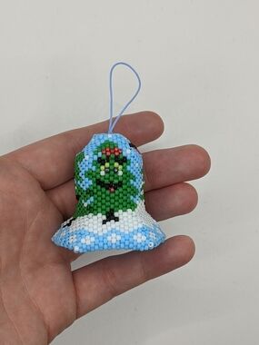 Handmade Blue & Green Beaded Bell Ornament